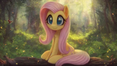 (derpibooru_p_95),pony,fluttershy,solo,wings,(masterpiece),8k,Smile,(best quality),forest background,High Definition,highres,embellishments,fireflies,triadic lighting,sitting,