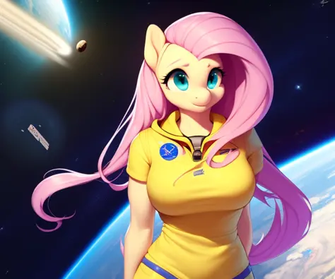 ((derpibooru_p_95)), fluttershy, solo, anthro, astronaut, in space