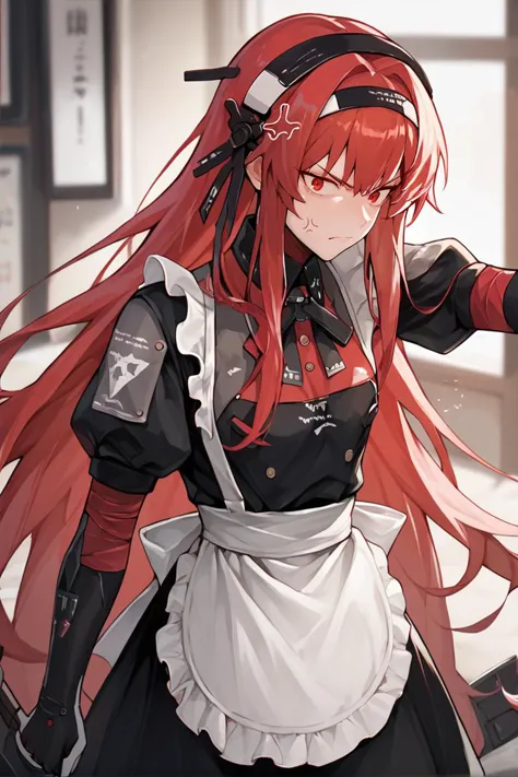 anime girl with red hair and black and white dress holding a knife