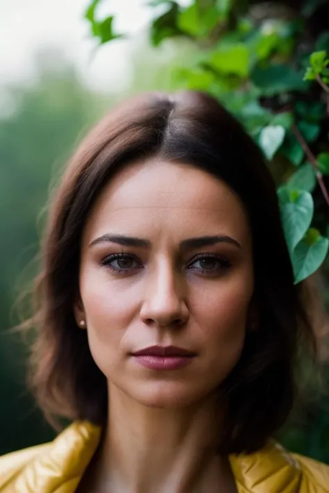 a close up of a woman in a yellow jacket looking at the camera