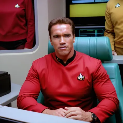 Arnold schwarzenegger Person in Star Trek TNG  style wearing a red uniform, in the captains chair on the bridge <lora:StarTrekTNG-v7:0.5> , TV still <lora:Arnold Schwarzenegger 90s:0.8>