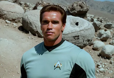 Arnold schwarzenegger Person in Star Trek TNG  style wearing a tng uniform on a alien planet <lora:StarTrekTNG-v7:0.5> , TV still <lora:Arnold Schwarzenegger 90s:0.8>