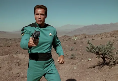 Arnold schwarzenegger Person in Star Trek TNG  style wearing a tng uniform on a alien planet and firing a phaser <lora:StarTrekTNG-v7:0.5> , TV still <lora:Arnold Schwarzenegger 90s:0.8>