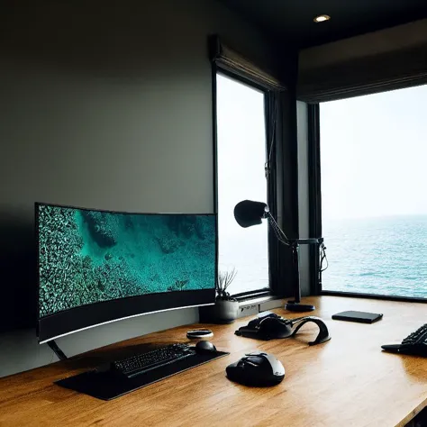 there is a computer desk with a monitor and keyboard on it