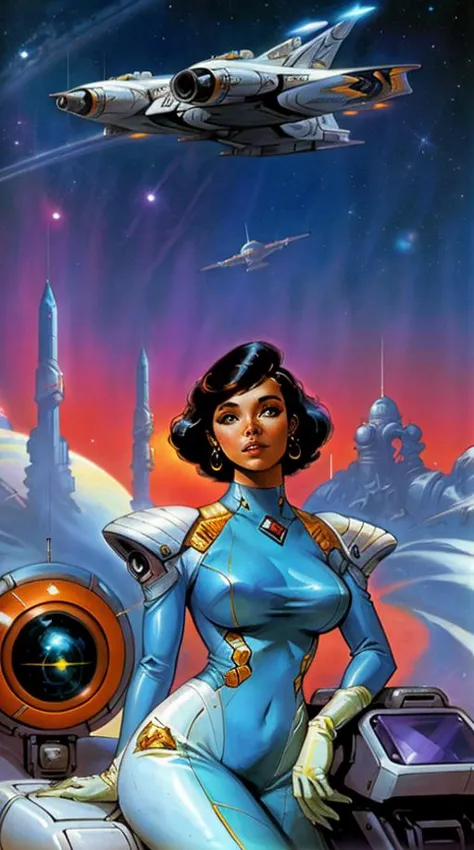 La mujer más cautelosa en el espacio, Suite espacial , naves espaciales volando en la parte trasera ,Al estilo de Frank Frazetta y Syd Mead.  