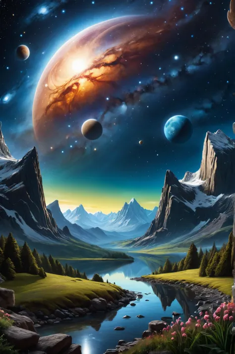 Mythical Nightscape,((masterpiece, high quality, best quality, 8k, wallpaper, fine lineart, highly detailed)),magical style land art style,vivid colors,intricate details,realistic style,oil paintings,acrylic paintings,watercolor paintings,digital illustrations,mixed media pieces,sculptures casting shadows,dark cosmic sky,photorealistic,extreme detail,lifelike,crisp,precise,astronomy photo,ral-plymbl,