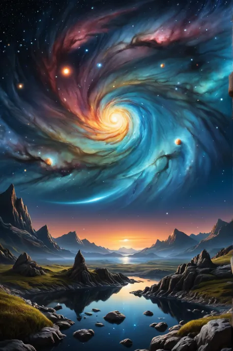 Mythical Nightscape,((masterpiece, high quality, best quality, 8k, wallpaper, fine lineart, highly detailed)),magical style land art style,vivid colors,intricate details,realistic style,oil paintings,acrylic paintings,watercolor paintings,digital illustrations,mixed media pieces,sculptures casting shadows,dark cosmic sky,photorealistic,extreme detail,lifelike,crisp,precise,astronomy photo,ral-plymbl,