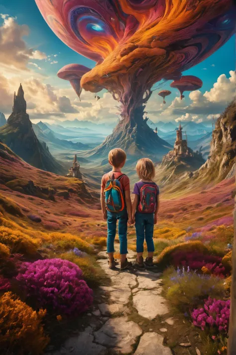 a painting of two children standing in front of a giant mushroom