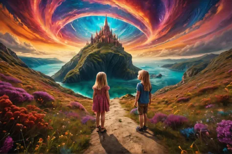 Wide angle digital photo,Two siblings filled with excitement,(Epic journey through a fantastical realm:1.3),Vibrant colors,Otherworldly landscape,(Intricate details:1.2),Surreal elements,Adventurous spirit.,<lora:add_detail:0.8>,<lora:detailed_notrigger:1>,<lora:SDXLFaeTastic2400:1>,