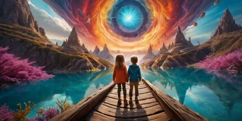 two children standing on a bridge looking at a lake with a giant blue eye