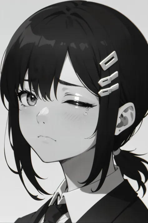 anime girl with black hair and a tie staring at something