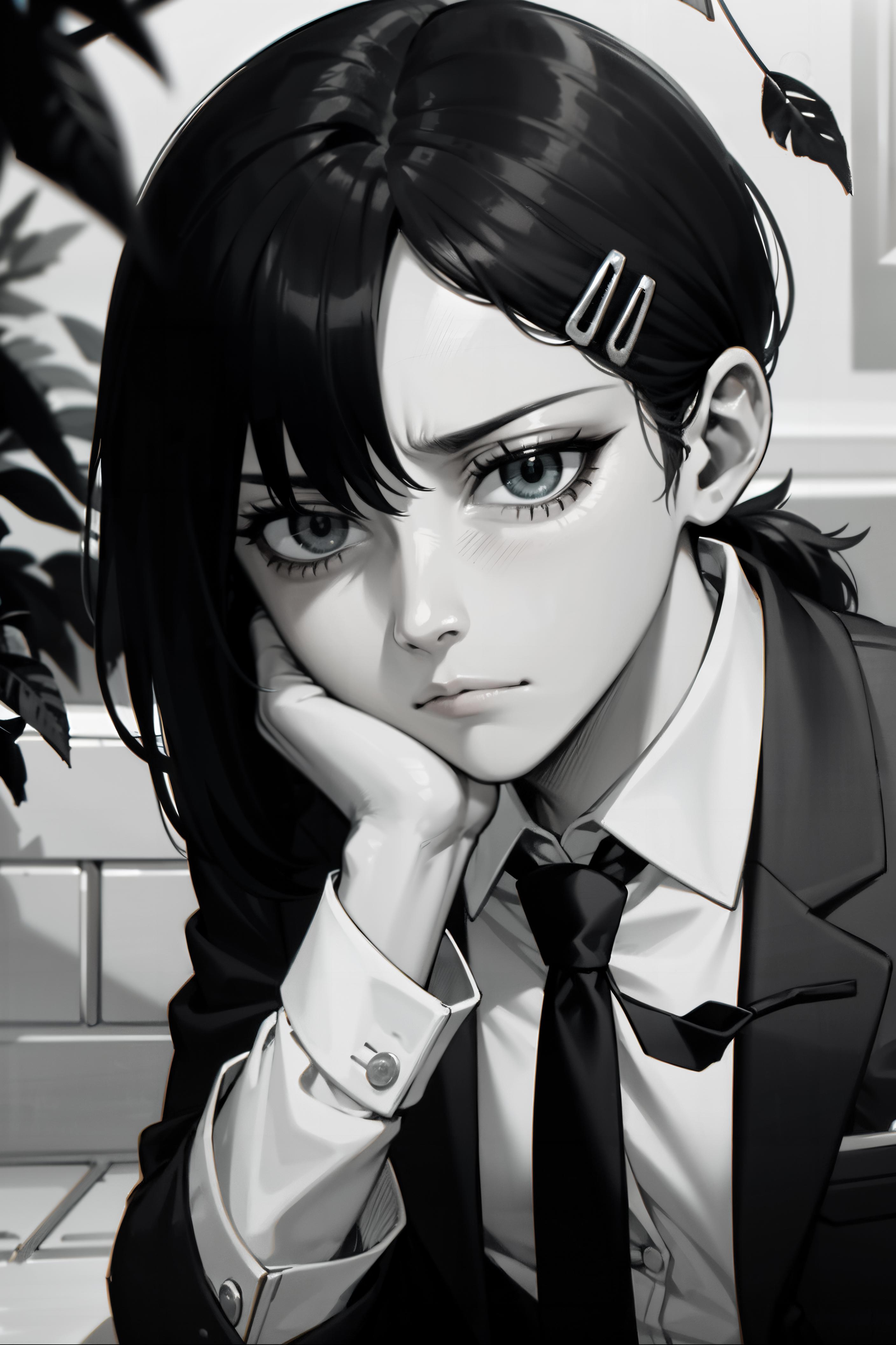 Anime girl with black hair and a tie sitting on a bench - SeaArt AI