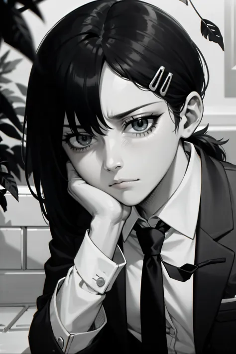 (masterpiece, best quality, detailed), (greyscale:1.2), sitting on a bench, <lora:kobenihigashiyamatest:0.6> , kobeni higashiyama, (sad expression, frown, eyebags, dull eyes:1.2), running maskara, BREAK black hair, hair ornament, hairclip, empty eyes, (mole under eye:0.2), ponytail, short hair,, black necktie, business suit, formal, necktie, suit, oak, leaves, windy,