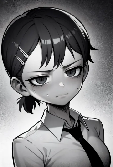 anime girl with black hair and a tie with a sad look