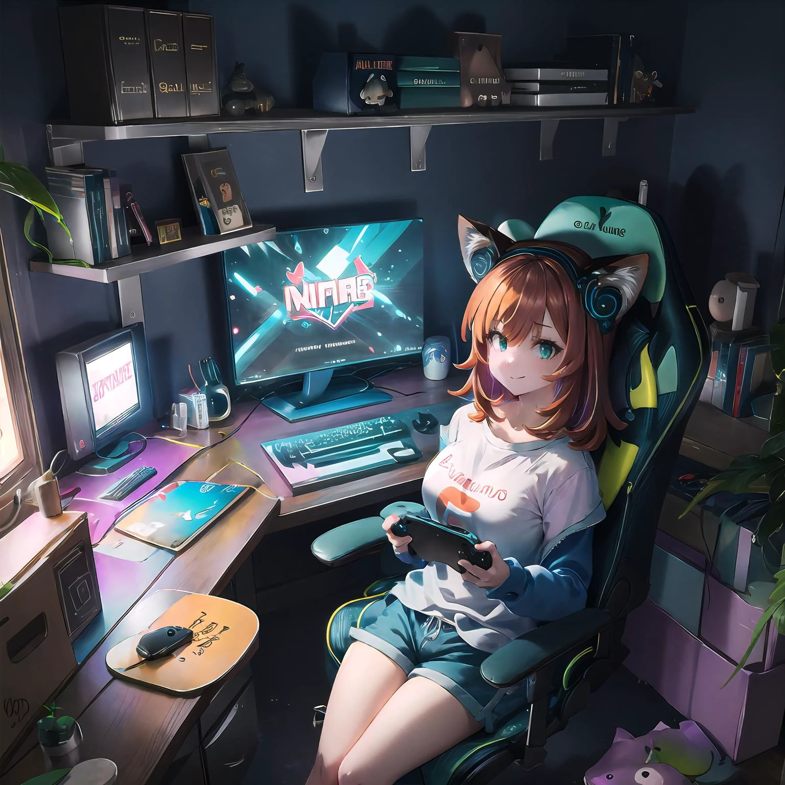 hires,high quality,best quality,1girl,mature female,game controller, headphones-for-animal-ears, animal ears,shirt, fox girl, fox ears, orange hair, green eyes,smirk, long hair, (holding game controller:1.2),large breasts, brown hair, monitor, posters, shelf, plant, figurine,gaming-room, gaming chair, sitting on chair, playing games,focused expression,game on screen,(controller:1.1),(gamepad:1.1), shorts, legs on desk,  looking at viewer
