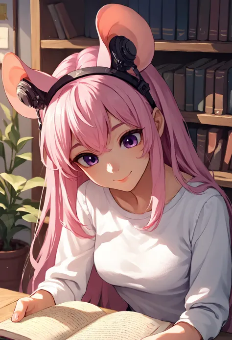 score_9, score_8_up, score_7_up,soft shadows, rating_safe BREAK
mouse ears, mouse girl, pink hair,, smile, headphones-for-animal...