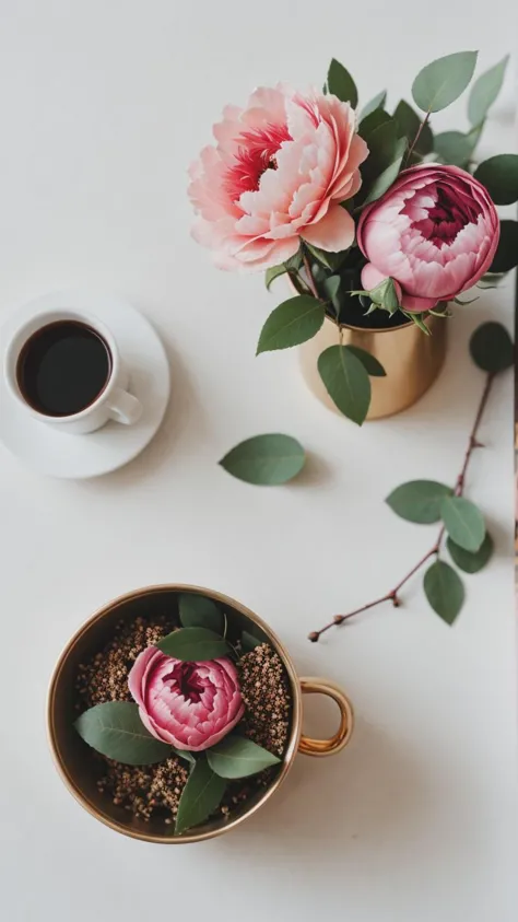 there is a cup of coffee and a pink flower on a table