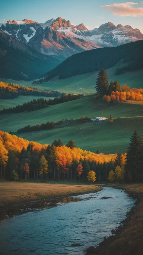 a view of a river running through a lush green field