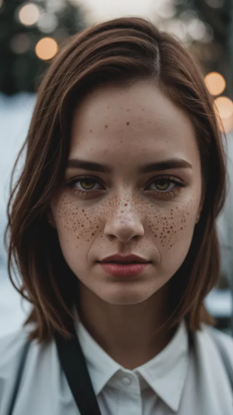 a woman with freckles on her face and a white shirt