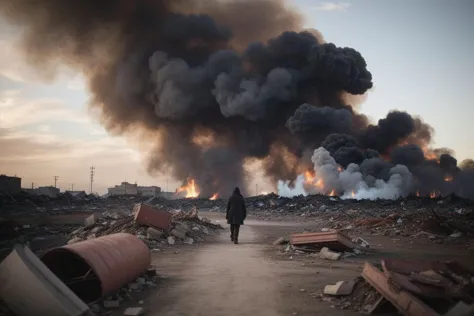 arafed area with a person walking on a dirt road and a lot of smoke