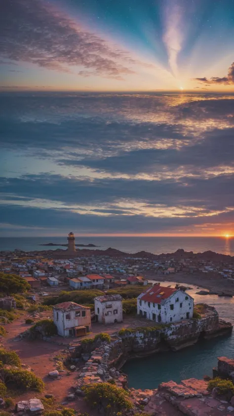 landscape of a Dilapidated Cape and Magellanic Clouds, at Sunset, Ultrarealistic, Joyful, Nostalgic lighting, Kodachrome, illustration, perfect details, light particles, chromatic aberration, masterpiece, best quality, absurdres, highest quality, amazing details