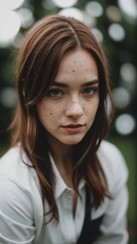 a close up of a woman with freckles on her face