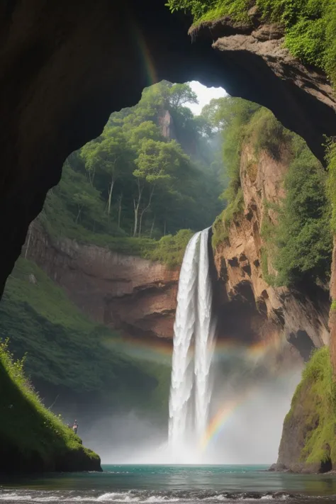 An awe-inspiring vista of a rainbow-hued waterfall cascading down a verdant cliffside, each droplet and spray captured in hyper-realistic detail under the colorful arch of the rainbow. (((rainbow-hued waterfall))) (((verdant cliffside))) (((hyper-realistic droplets and spray))) (((colorful rainbow arch))).