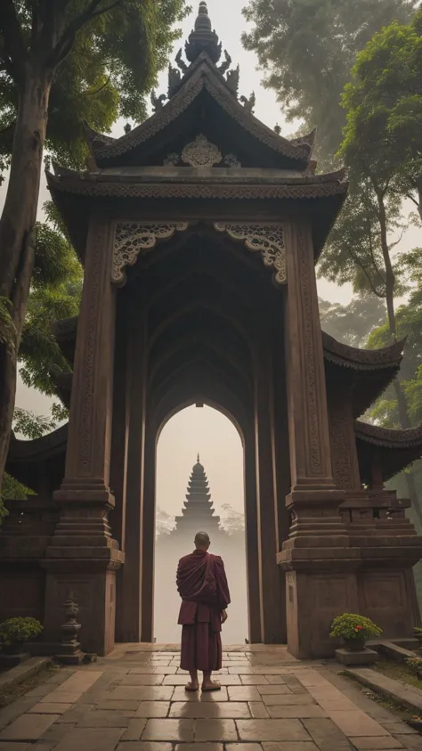 a man in a red robe is walking through a gate