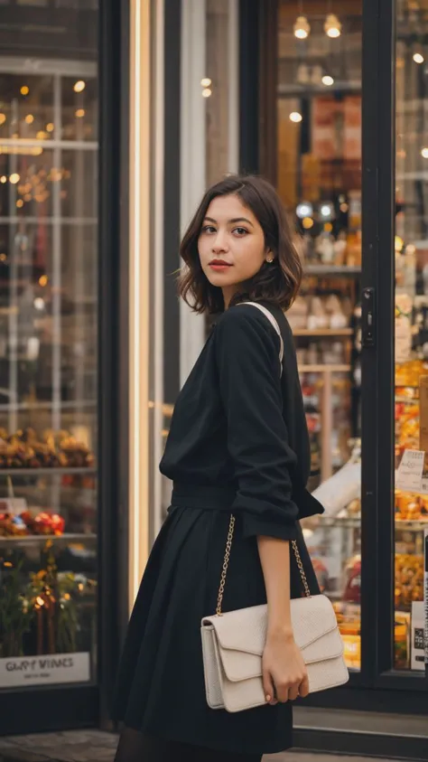 a woman in a black dress and white purse standing outside a store