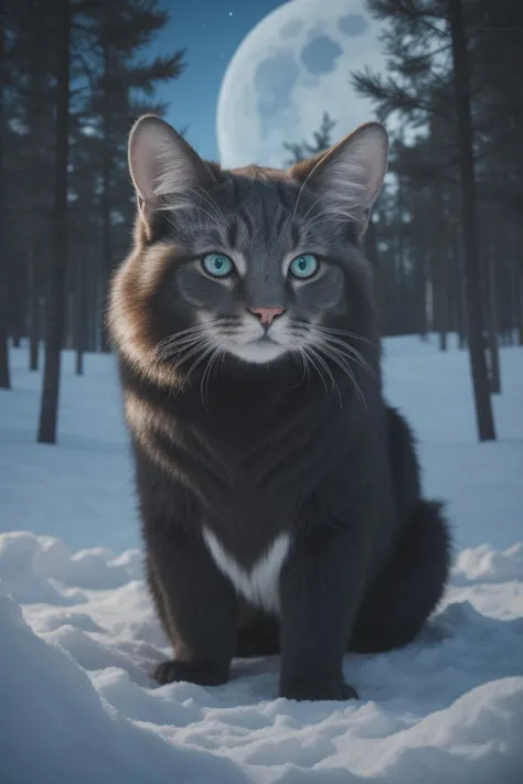 arafed cat sitting in the snow with a full moon in the background