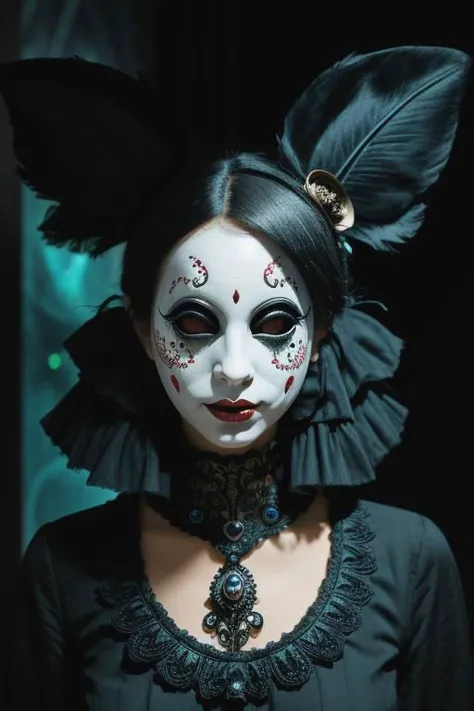 a woman with a black dress and a white face painted with red and black makeup