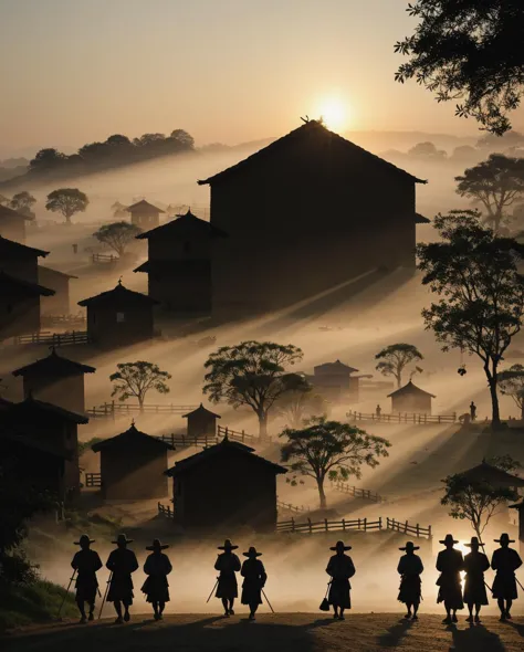 a group of people riding horses down a dirt road in the fog