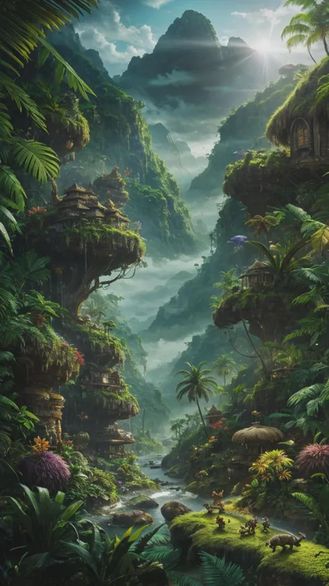 a painting of a jungle scene with a stream and trees