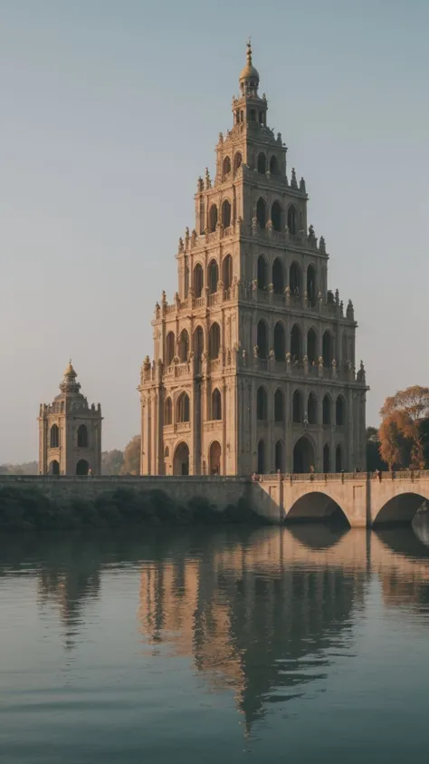 arafed building with a bridge and a tower on the other side