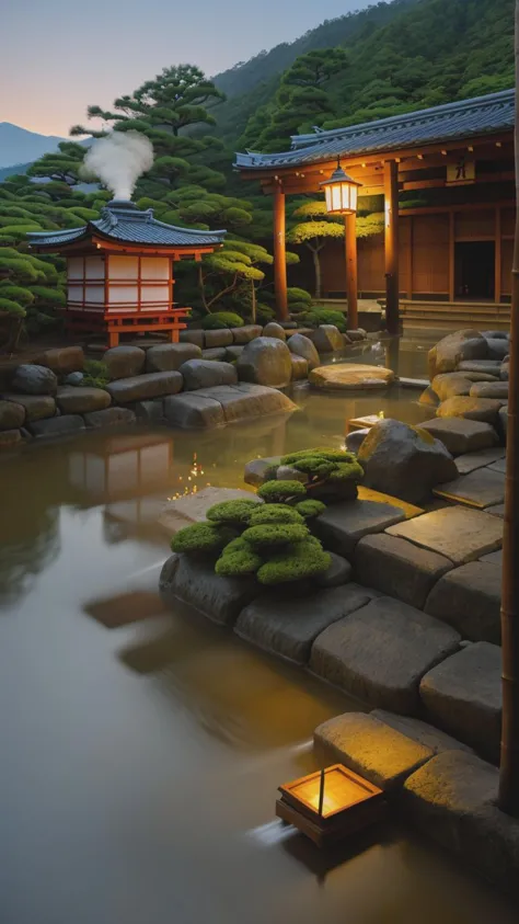 a close up of a pond with rocks and a lantern