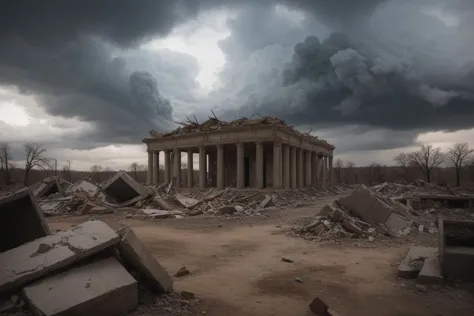 arafed building in ruins with a sky background and a cloud