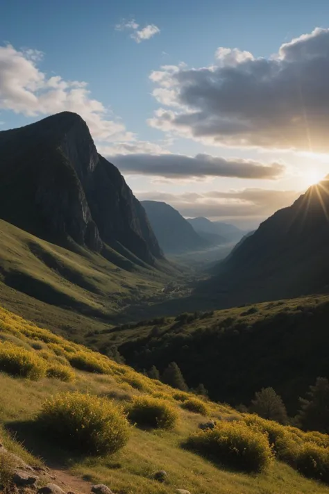 a view of a valley with a mountain in the background