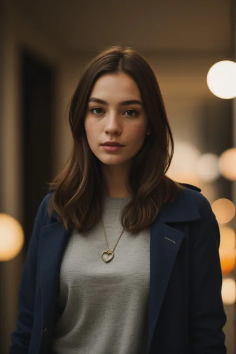 a woman in a blue coat standing in a hallway