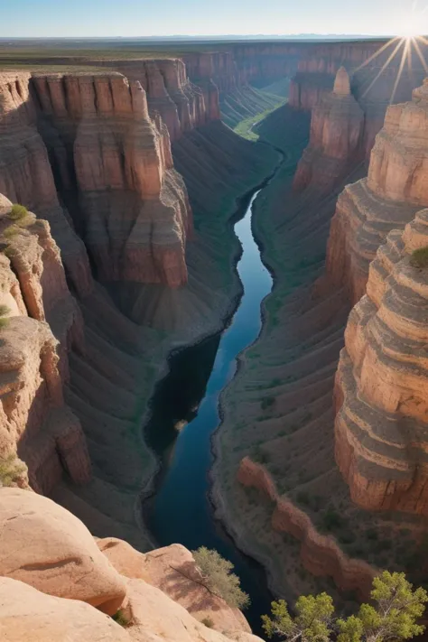 A picturesque view of a sunlit canyon, where the intricate rock formations and rugged terrain are vividly detailed against the backdrop of a vibrant, azure sky. (((sunlit canyon))) (((intricate rock formations))) (((rugged terrain))) (((vibrant azure sky))).