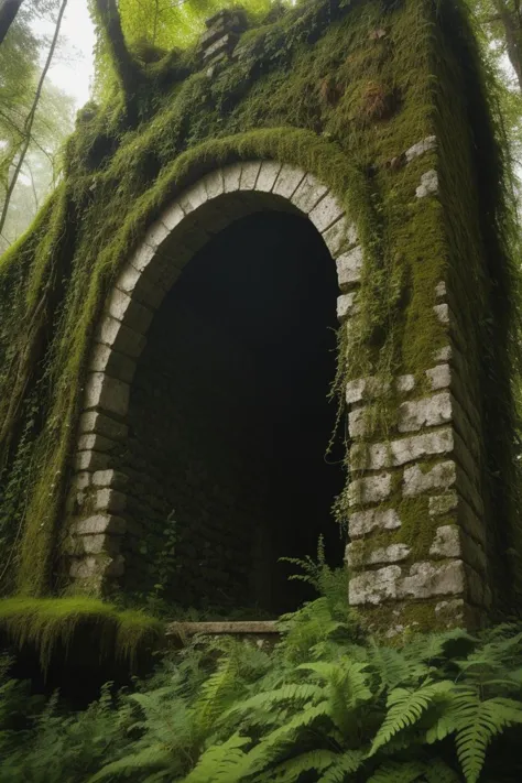 A portrait of an ancient, moss-covered ruin nestled within a lush, overgrown jungle, every weathered stone and verdant leaf captured in stunning, hyper-realistic detail. (((moss-covered ruin))) (((overgrown jungle))) (((weathered stones))) (((verdant leaves))).