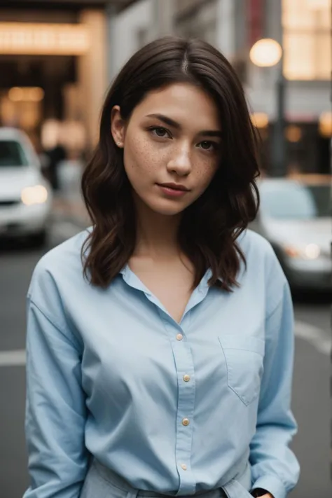 a woman in a blue shirt and black pants standing on a city street