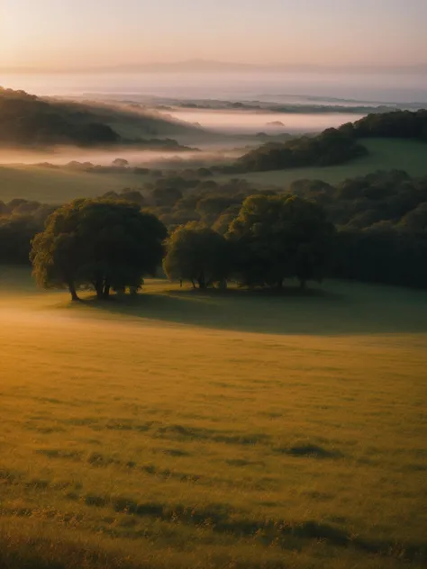 araffes in a field with fog and trees in the distance