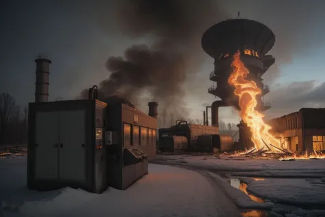 A forsaken industrial complex, its machinery frozen in time amidst the ruins, eerie shadows cast by flickering flames, a surreal juxtaposition of human invention and decay. (((forsaken industrial complex))) (((frozen machinery))) (((flickering flames))) (((surreal decay))).