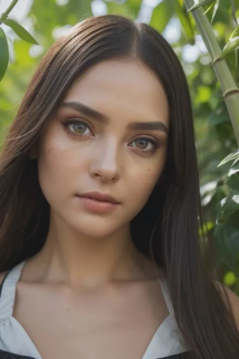 a close up of a woman with long hair standing in front of a tree