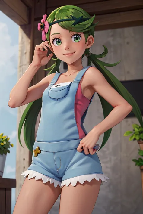 ((masterpiece,best quality)), absurdres, <lora:Mallow-10:0.8>, mallow,  pink shirt, grey shorts, grey overalls, smile, trial badge, hairband, hair flower, green eyes, solo, smiling, looking at viewer, cowboy shot,  cinematic composition,