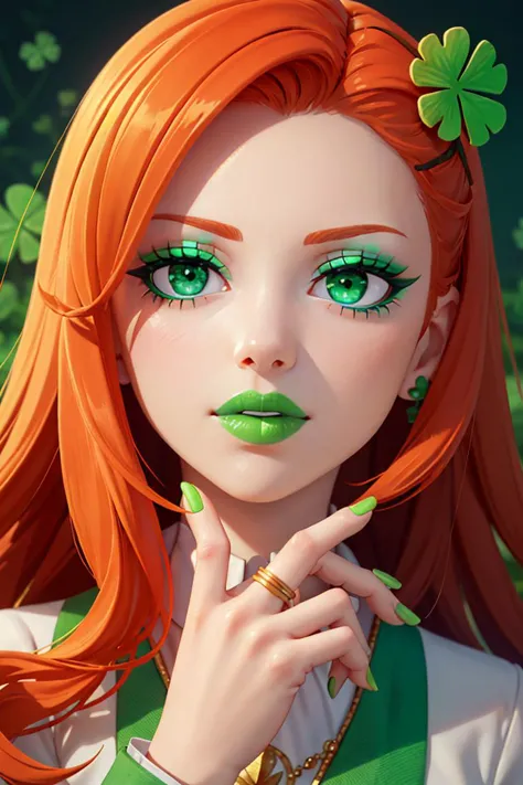 ((masterpiece, best quality)),  <lora:ShamrockWorld-10:0.8>, ShamrockWorld,  clover, four-leaf clover, light particles,  1girl, solo, long hair, looking at viewer, jewelry, green eyes, orange hair, fingernails, makeup, ring, lipstick, portrait, eyeshadow, spot color, green nails, green theme, green lips