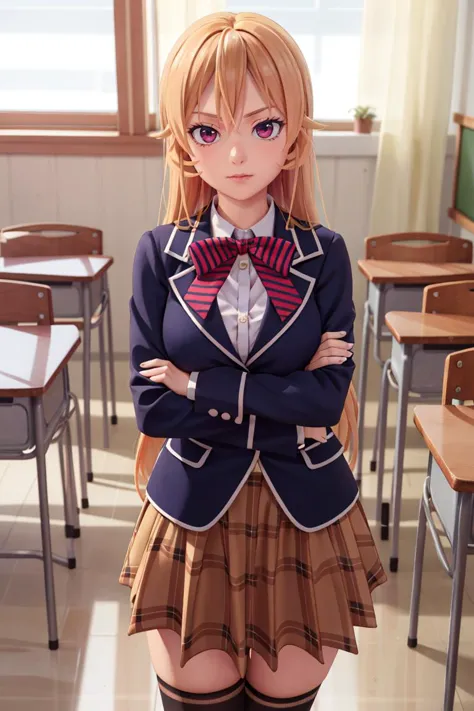 anime girl in school uniform standing in front of desks in classroom