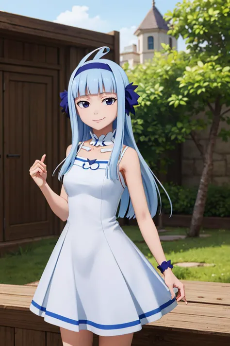 ((masterpiece,best quality)), absurdres, <lora:fairy tail angel-lora-nochekaiser:0.7>,  fairy tail angel, white dress, long hair, bangs, blue hair, hairband, blue hairband, ahoge, solo, smiling, looking at viewer, cowboy shot,