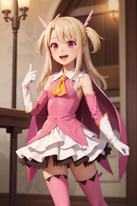 masterpiece, best quality, highres, aaillya, long hair, two side up, hair ornament, small breasts, magical girl, cape, yellow ascot, pink dress, sleeveless, detached sleeves, white gloves, white skirt, pink thighhighs, <lora:illyasviel_von_einzbern_(fate_kaleid_liner)_v1:0.7>, smile, open mouth, standing, contrapposto,