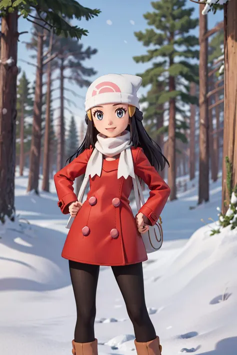 a close up of a person in a red coat and hat in the snow